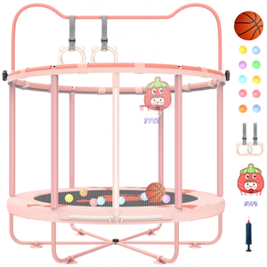 Gardenature 5ft/60'' Toddler Trampoline for Ages 1-6, Indoor & Outdoor Mini Trampoline With Adjustable Gym Bar, Enclosure for Baby, Gift for Boys & Girls Pink