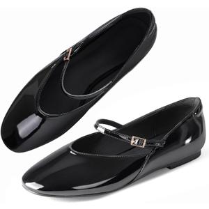CouieCuies Women's Mary Jane Flats Round Toe Ballet Flats Adjustable Strap Comfortable Business Casual Mary Janes Dress Shoes (8.5, Black)