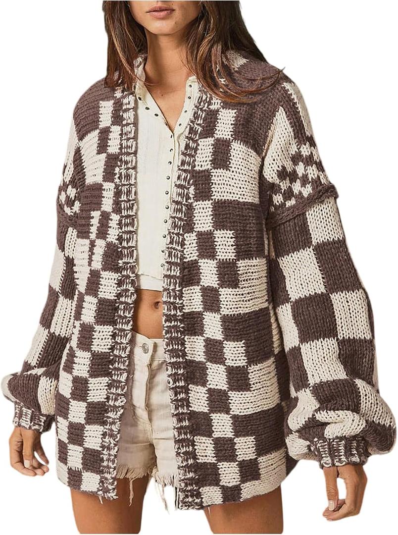 WDIRARA Women's Checkered Cardigan Sweaters Chunky Knit Open Front Long Sleeve Knit Outerwear (L)