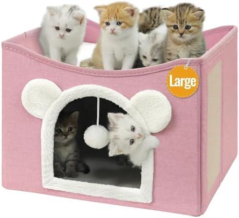 Cat House Cat Beds for Indoor Cats Large Foldable Multifunction Cat Cave for Pet with Hover Ball and Scratching Board Large Cat House)