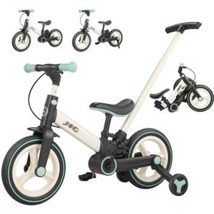 JMMD 6 in 1 Toddler Bike with Push Handle for Kids 18-60 Months, 12" Foldable Balance Bike with Training Wheels, Pedals, Brakes, Kickstand, Push Tricycle Toddler Gift & Toys for Boy & Girl (Large, Mint)