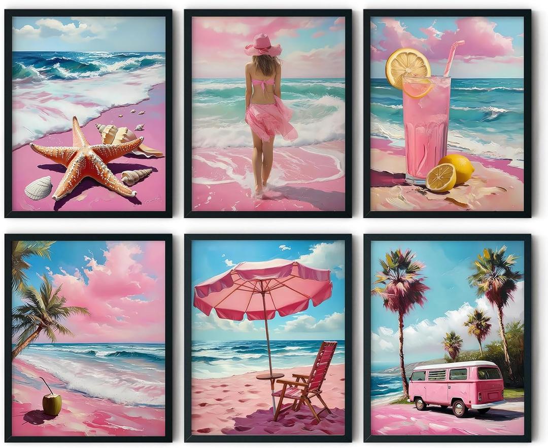 2 x 6pcs Pink Beach Wall Art Pink Summer Ocean Coastal Canvas Painting Coconut Girl Aesthetic Posters Prints Girly Nautical Bus Wall Decor Set for Girls Room Girls Dorm Home Decoration(8x10in Poster) (8L" x 10W")