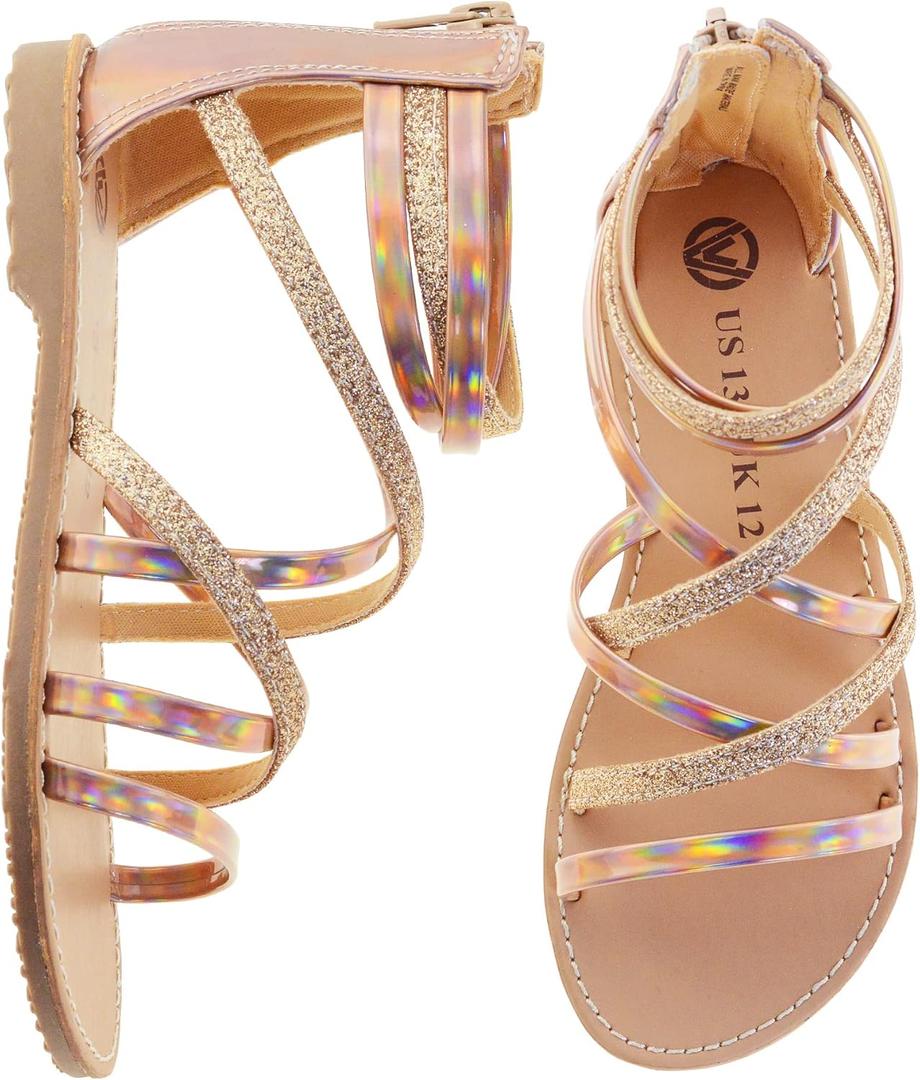 Vonair Girls Sandals Strappy Gladiator with Zipper Comfort Summer Shoes Gold US 4