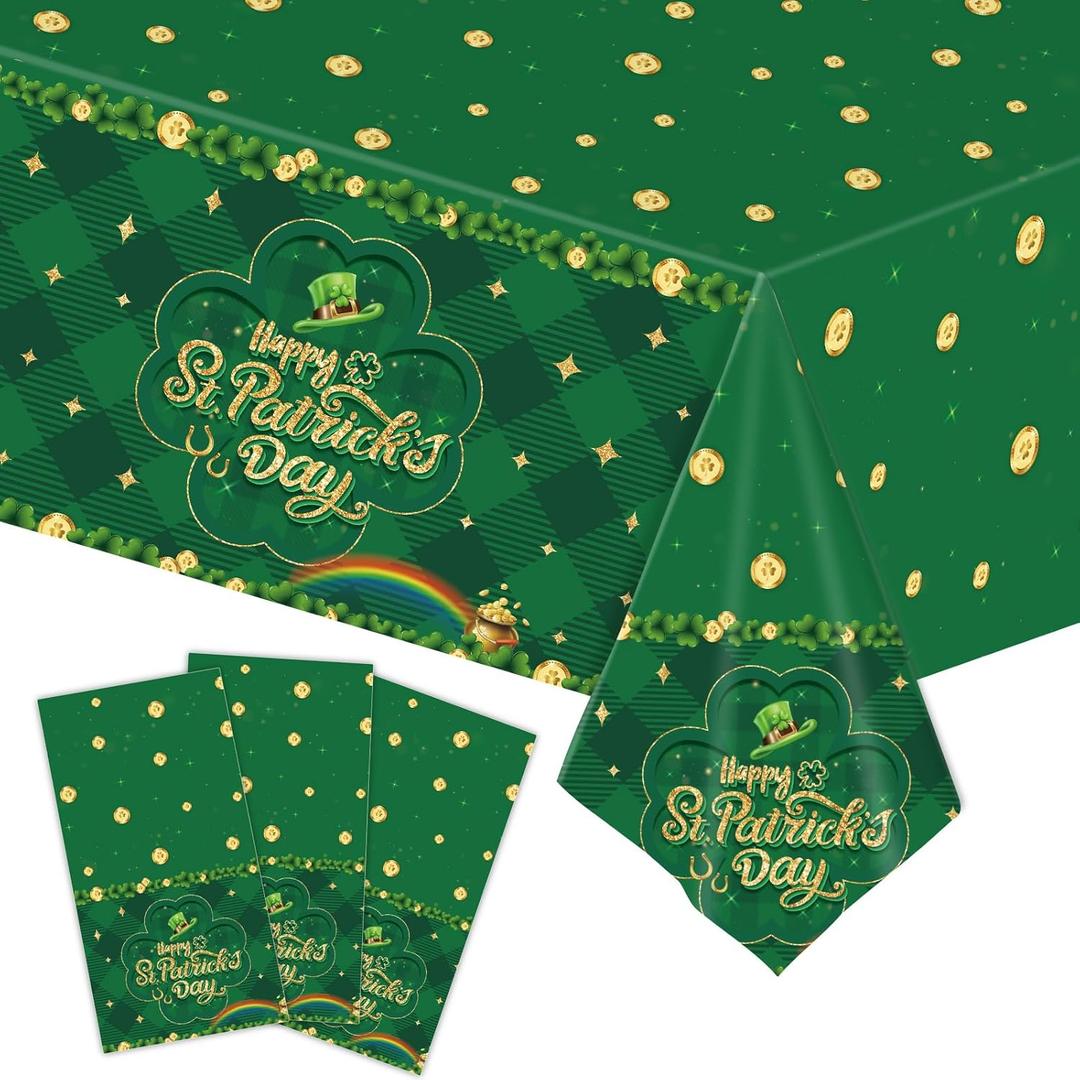 3 Pack St Patricks Day Tablecloth, Disposable 54 x 108 Inch Green Shamrock Table Cloth, Plastic Disposable Rectangle Luck Irish Table Cover for St. Patricks Day Decorations