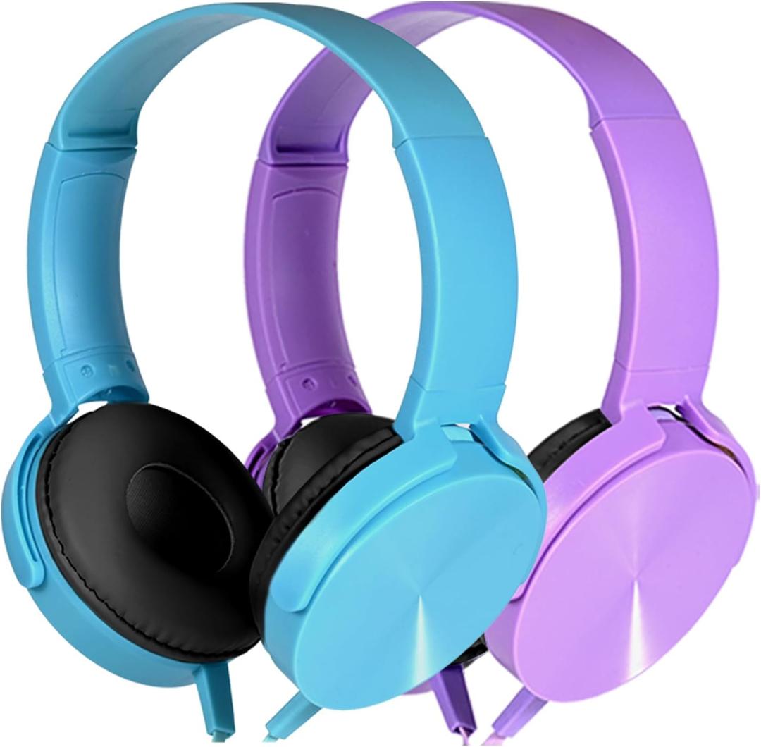2 Pack Kids Headphones for School Classroom, Wired Computer Online Learning Headset for K-12 Students, Durable Soft Swivel On Ear Pads Earphones for Laptop PC Meetings Calls (Light blue+Purple) (Mixed Colors)