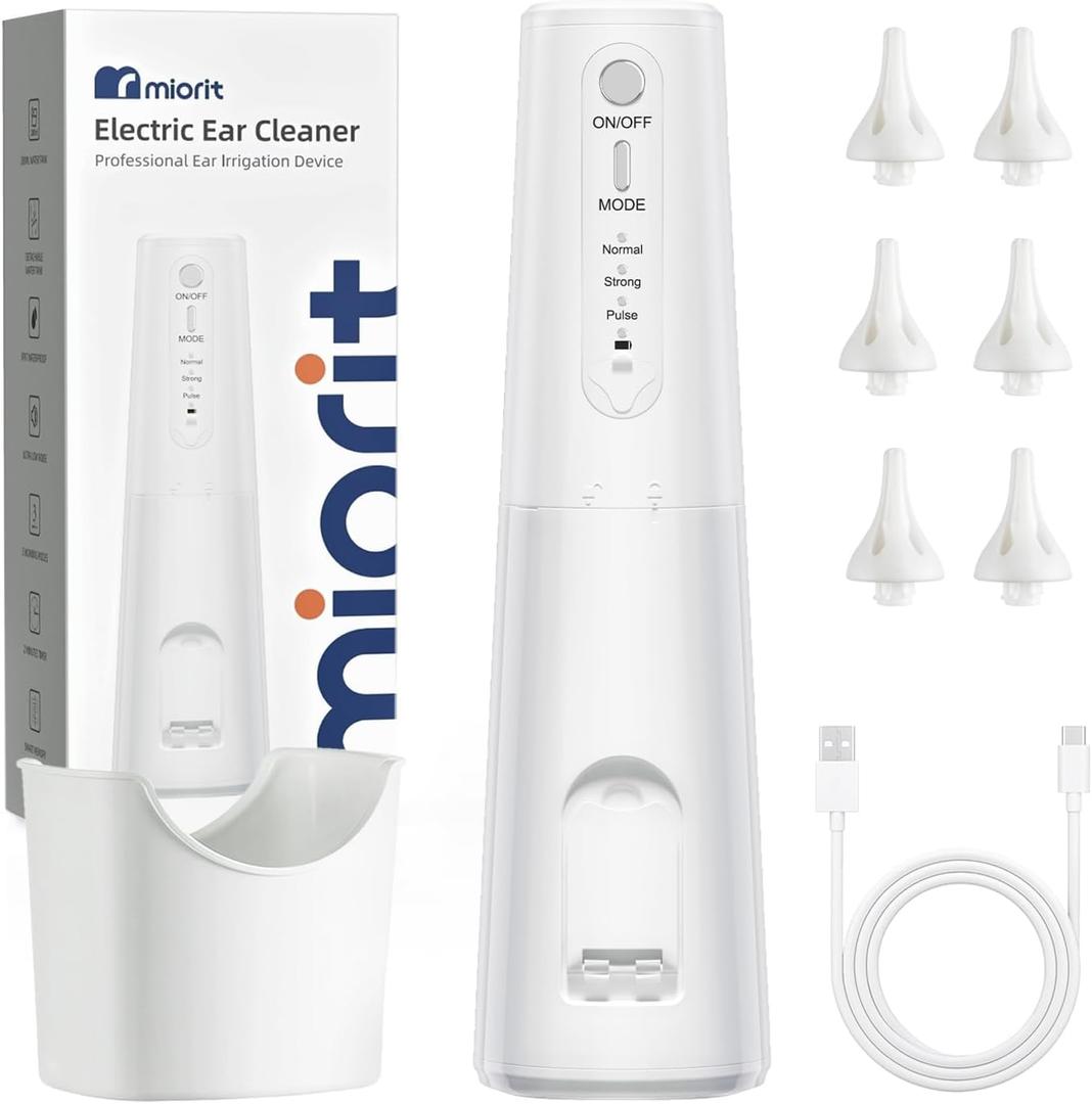 Ear Wax RemovalWater Ear Cleaner-Ear Irrigation Flushing System with Water Resistant USB Rechargeable - Safe & Effective for Electric Ear Cleaner Tool - 6 Reusable Replacement Tips(White)