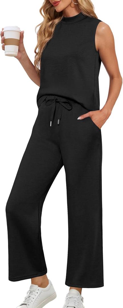 Lepunuo Two Piece Sets for Women Summer Mock Neck Sleeveless Top Wide Leg Pants Lounge Sets Vacation Travel Outfits (X-Large)