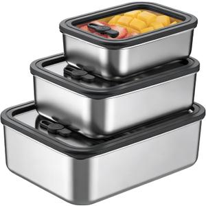 3Pcs Long-Lasting Stainless Steel Food Storage Containers with Glass Lids, 78 fl oz / 44 fl oz / 22 fl oz, Proven Airtight Leak Proof Versatile Meal Prep Bento Box for Picnics