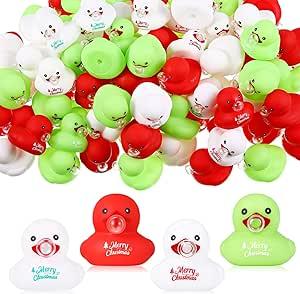 Junkin 24 Set Christmas Ducks Gifts Set Includes Mini Rubber Ducks Keychain Greet Card and Transparent Gift Bags for Xmas Birthday Gifts Pendant Accessories Party Favors