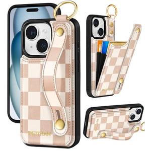 Petitian for iPhone 15 Wallet Case - Women Girls Cute Girly Aesthetic Unique Design Leather Credit Card Holder Phone Cover Stand Wristband for iPhone 15, Khaki Checkered