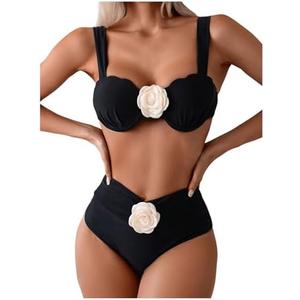 Floerns Women's 3D Flower Push Up Bikini Set High Waisted 2 Piece Bathing Suit, Size: L