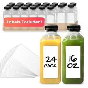 Reli. Plastic Juice Bottles [24 Bulk Pack, 16 oz] Square 16 oz Plastic Bottles with Caps & Sticker Labels | Clear, Empty for Drinks 16oz | Disposable, Reusable Containers for Juicing, Smoothies