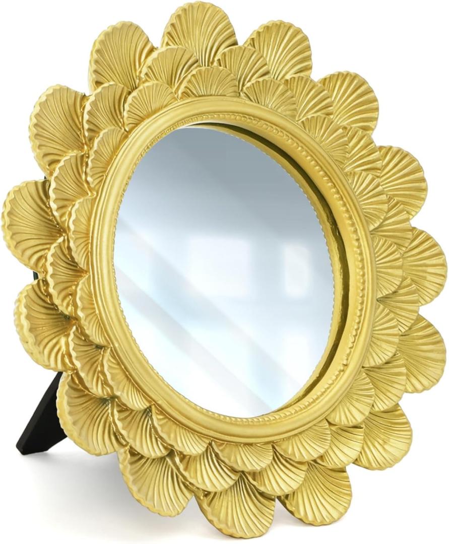 Eorbow 6.5" Vintage Vanity Makeup Desk Mirror, Small Gold Round Mirror for Table, Antique Scallop Edged Wall Mirror Decorative for Living Room Bedroom Dressing Tabletop