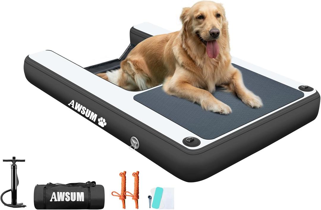 AWSUM Inflatable Dog Water Ramp 4ft x 3.3ft Dog Boat Ramp Floating for Dogs Up to 180LBS On Water Float Ladder Steps for Pool, Dock, Lakes, Black