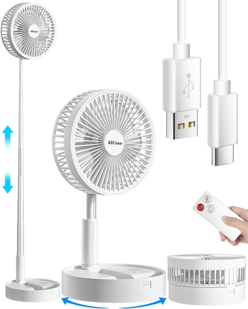 AICase Stand Fan,Folding Portable Telescopic Floor/USB Desk Fan with 7200mAh Rechargeable Battery,4 Speeds Super Quiet Adjustable Height and Head Great for Office Home Outdoor Camping (White)