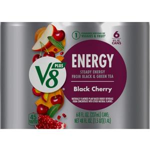 V8 +ENERGY Black Cherry Energy Drink, Made with Real Vegetable and Green Tea, 8 FL OZ Pack of 6