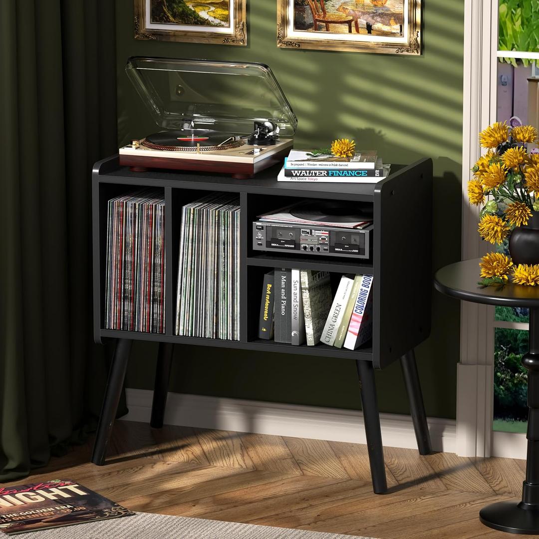 Record Player Table, Mid-Century Record Player Stand with Vinyl Storage Hold Up to 150+ Albums, Vinyl Record Cabinet with Adjustable Shelves, Wood Turntable Stand for Music Living Room (Black)