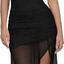 GOKATOSAU Women's Strapless Summer Mesh Ruched Split Asymmetric Ruffle Hem Bodycon Midi Dress (Black, XL)