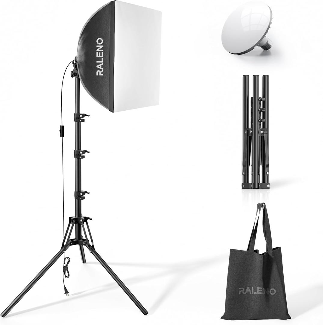 RALENO Softbox Photography Lighting Kit, 16'' x 16'' Softbox Lighting for TikTok with LED Bulb (50W | 5500K | 97 CRI | TLCI97), Continuous Light for Video Recording & Photography Shooting (Black)