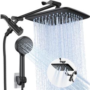 Veken High Pressure Rain Shower Head Combo with Extension Arm- Easy to Install Wide Rainfall Showerhead with 3 Water Spray Modes  Adjustable Dual Showerhead with Anti-Clog Nozzles (Matte Black)