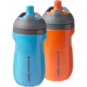 Tommee Tippee Insulated Sportee Bottle, for 12m+, 9oz, Pack of 2 Non-Spill Toddler Water Bottles, Orange and Blue, with Two-Piece Valve to Help Stop Spills, Bite-Resistant Spout and Easy-Hold Handle