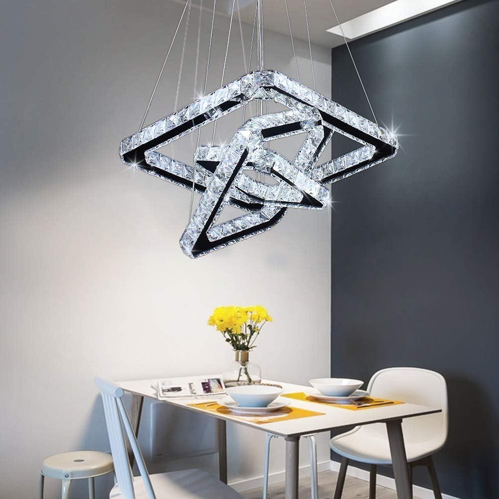 Modern Crystal Chandeliers LED Square Rings Chandelier Pendant Lights Height Shape Adjustable Ceiling Lamp (Cool White)