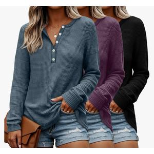 3 Pack Women's Waffle Henley Shirts Long Sleeve Tunic Tops Button up V Neck Loose Knit Casual Pullover Sweater M