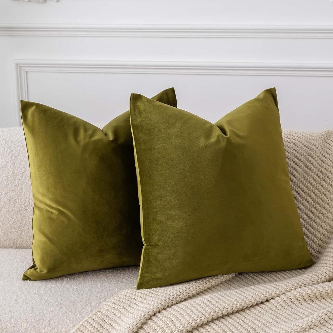 JUSPURBET Throw Pillow Covers Set of 2 Decorative Velvet Pillow Covers 24x24 for Couch Sofa Bed Soft Cushion Covers Cases with Invisible Zipper for Living Room Home Decor,Olive Green