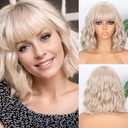 MISSQUEEN Blonde Wig Wavy Short Bob Blond Wigs With Air Bangs Shoulder Length Drity Blonde Wigs for Women Wavy Synthetic Cosplay Wig for Girl Costume Wigs
