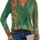 Dealmore Women's Boho Henley Printed Shirts V-Neck Tunic Tops (Green, L)