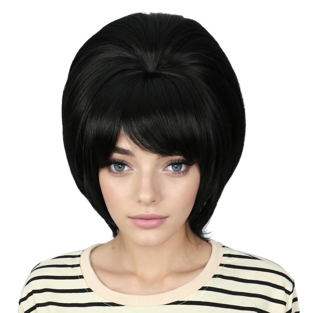 Retro Wig 50s 60s 70s Wig with Bangs for Women Synthetic Hair for Halloween Costume Party (Black)