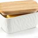 KOOV Porcelain Large Butter Dish with Lid, Airtight Butter Container with Oak Lid, Perfect for 2 Sticks, Texture Series (White)