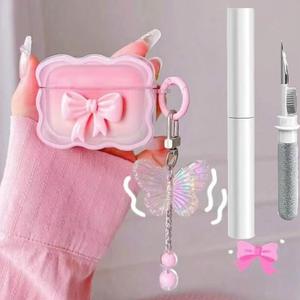 2 x Cute AirPods 4 Clear Case, Pink 3D Bow Design Soft TPU Airpod Protective Shockproof Kawaii Apple iPod 4th Generation Cover with Cleaner Kit & Keychain for Girls Women
