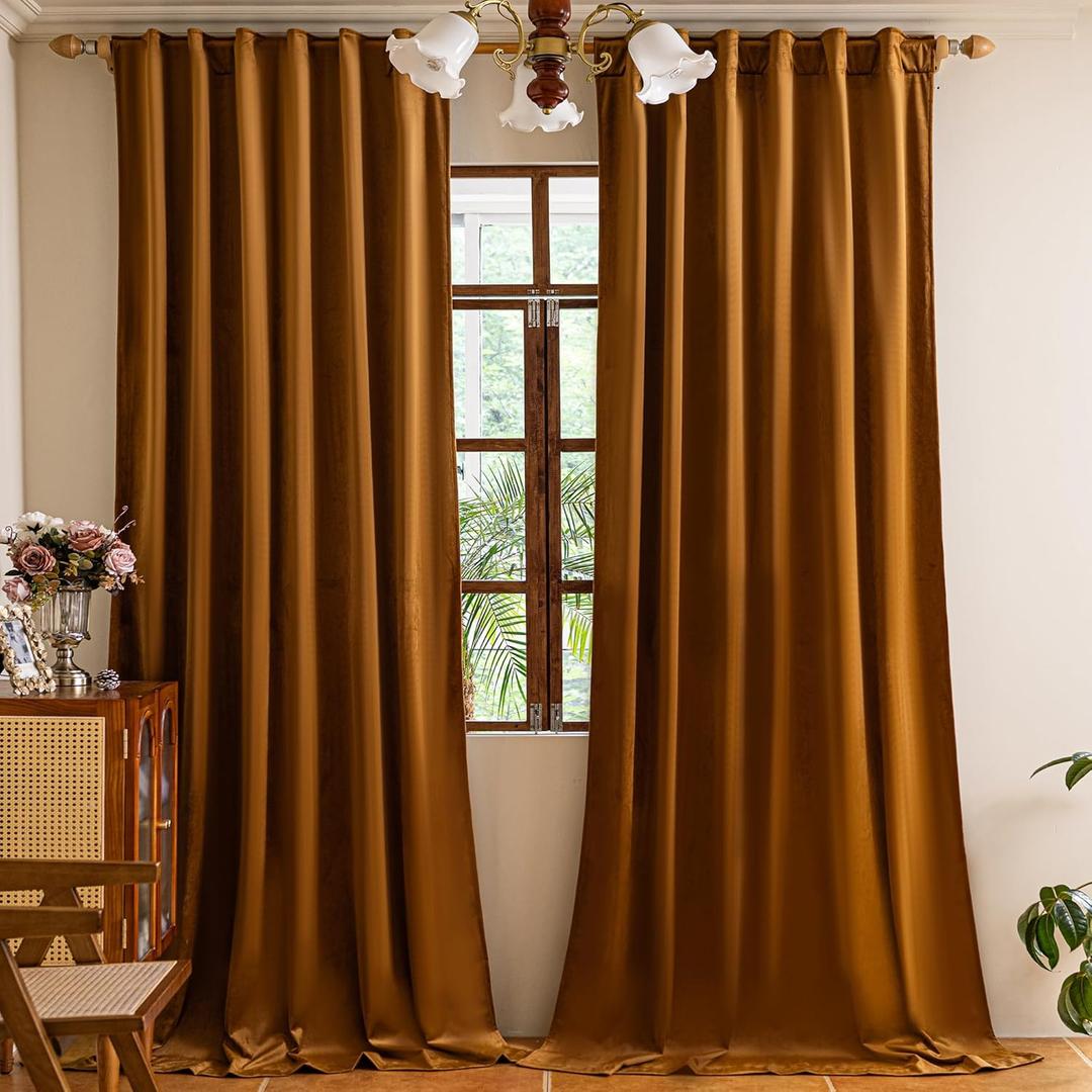 YOFUN 84 inches 2 Panels, Golden Brown Blackout Luxury Velvet Curtains Thermal Insulated Heat Block Soundproof Window Panels Soft Drapes for Bedroom Living Room, Rod Pocket & Back Tab, W52 x L84