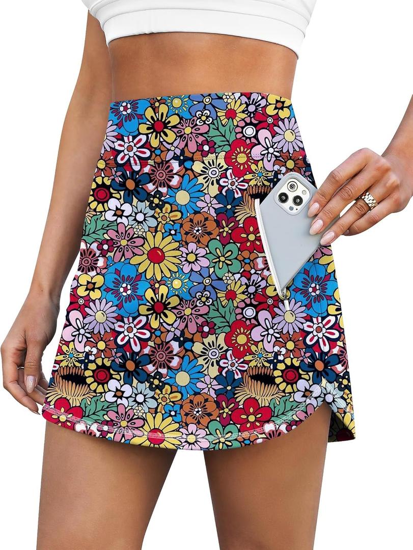 LouKeith Golf Skirts for Women Tennis Skirt with Zipper Pockets High Waisted Running Casual Athletic Skorts Built-in Shorts (Medium, Pattern 3-colorful Flowers)