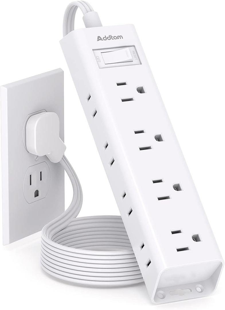 Flat Plug Power Strip, Ultra Thin Flat Extension Cord - Addtam 12 Widely AC 3 Sides Multiple Outlets, 5Ft, 1050J Surge Protector, Wall Mount, Desk Charging Station for Home Office Dorm Room Essentials (White)