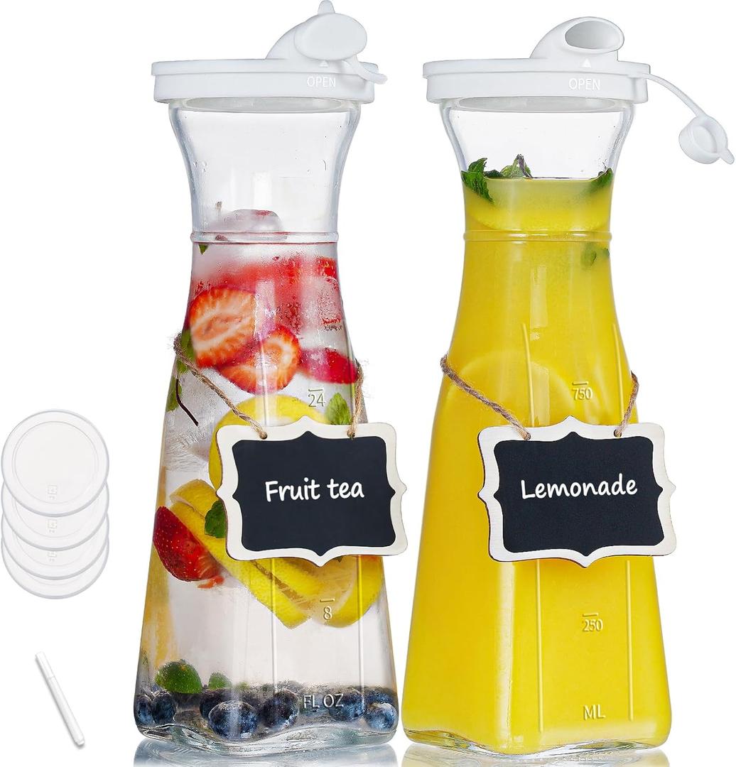 Glass Pitcher, 1 Liter Carafe for Mimosa Bar, 2 Pcs, Square Pitcher with Lid and Spout, Juice Container for Fridge, Cold Brew, Milk, Water Dispenser, Tea, Creamer, Sangria (3 Lids & 2 Spouts)