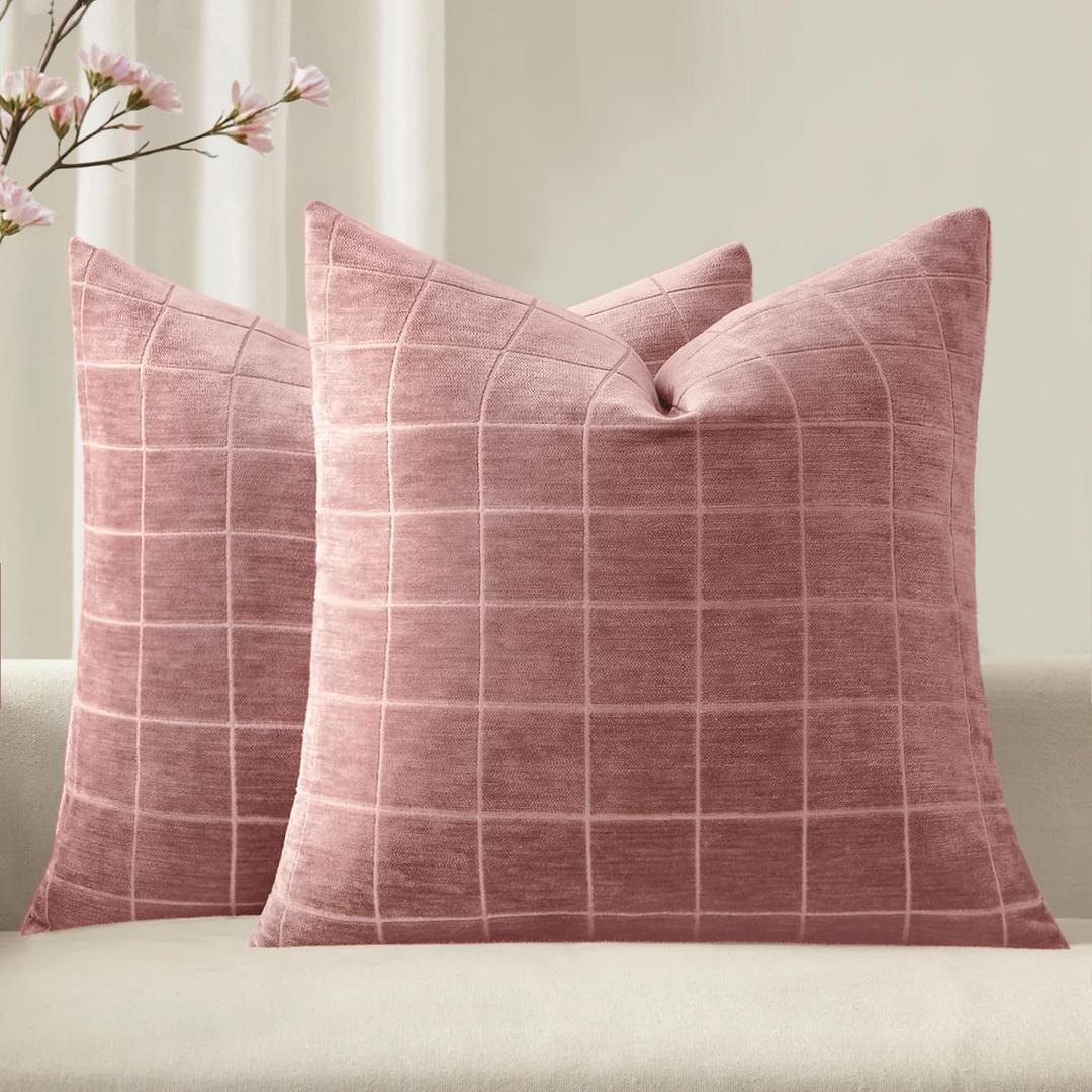 MIULEE Valentines Decorative Chenille Throw Pillow Covers Vintage Plaid Couch Pillows 18x18 Inch Set of 2 Boho Farmhouse Cushion Covers Modern Spring Home Decor for Sofa Bed Living Room Blush Pink