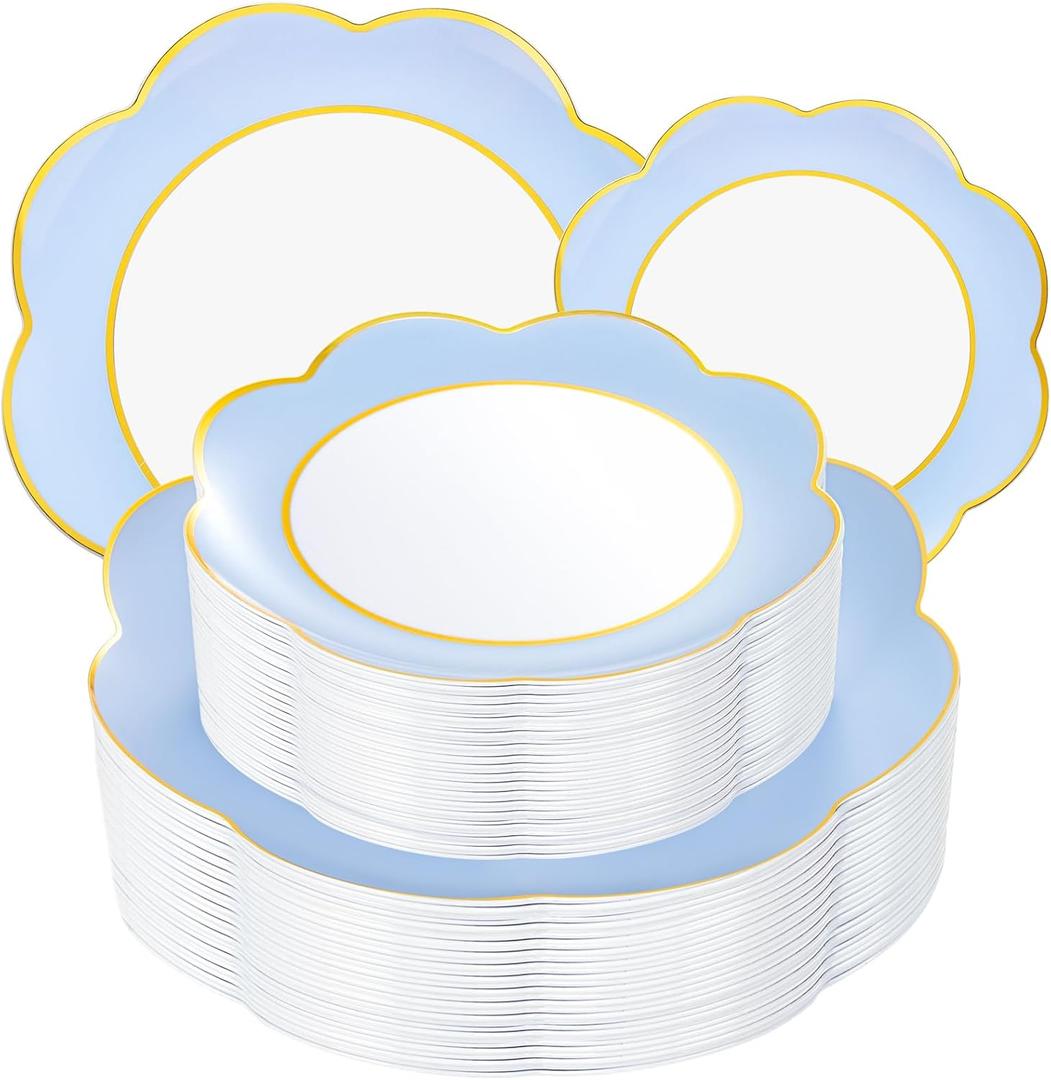 WONDERFUL 60pcs Blue Plastic Plates for Party with Gold Rim - Blue Fancy Plastic Plates Disposable Party Plate for Birthday/Wedding/High-End Banquet/Mothers Day Suitable for 30 Guests