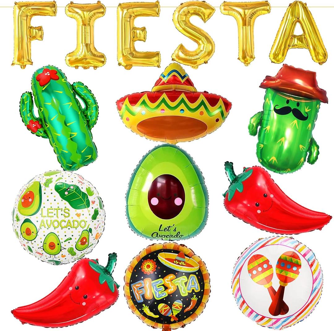 Fiesta Party Decorations Set, Big Taco Party Decorations Set - Pack of 15, Fiesta Taco Llama Cactus Avocado Chili Sombrero Balloons for Mexican Party Decorations, Mexican Theme Baby Shower Decorations