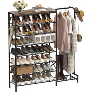 Shoe Rack with Coat Rack, 8 Tier Tall Shoe Storage Organizer with Hooks, 3-in-1, Wooden Top Shelf, Sturdy Frame, Metal Clothes Hanger Stand for Entryway, Closet, Rustic Brown and Black