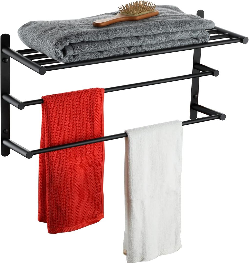 KOKOSIRI Double Towel bar with Shelf 3 Tier Towel Rack with Single Towel Bar Bathroom Towel Rack Storage Organizer Wall Mounted Stainless Steel, Matte Black, B5003BK