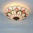 Tiffany Style Ceiling Light 16 Inch Stained Glass Flush Mount Ceiling Light for Bedroom Chandelier Vintage Pendent Light Fixtures (16 Inch White Pink)