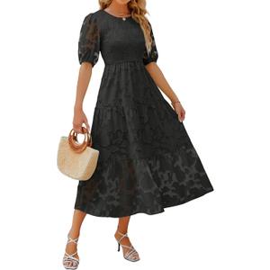 ZESICA Women's 2024 Summer Short Puff Sleeve Crewneck Smocked Floral Lace Flowy A Line Tiered Maxi Dresses, Black, X-Large