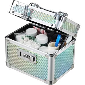 Lockable Medicine Storage Box - Shiny Turquoise Cabinet Med Lock Organizer, 7 * 5.25 * 5.75 Inches Safe Case with Combination Lock for Home, Dorm, Office, or Travel - Mini Size