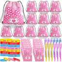 WLBBLQDIE Pink Cartoon Mouse Party Favors, Animation Themed Birthday Party Supplies & Goodie Bags for Kids, Include Drawstring Bags Notebook Silicone Bracelet Highlighter for Gifts Fillers