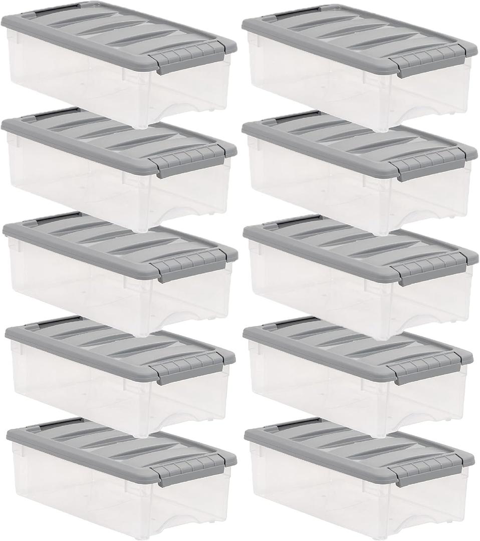 Amazon Basics Plastic Storage Containers with Secure Latching Lids, Stackable Organization Bins, Clear/Grey, 5 Quart, Set of 10