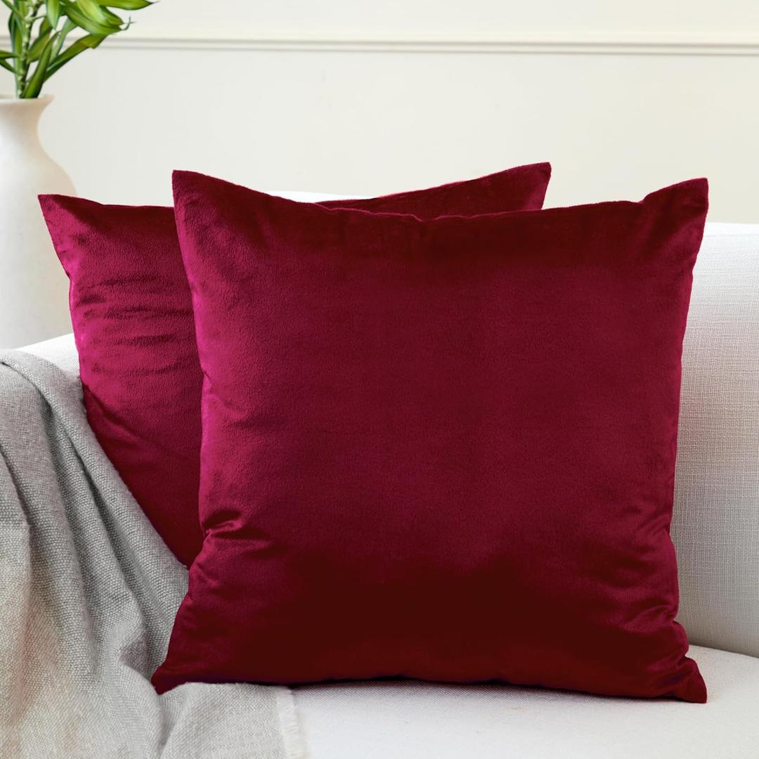 Encasa XO Velvet Throw Pillow Covers 18x18 in (45x45 cm) - Maroon - No Inserts, Pack of 2 Cases | Solid Plain Dyed Soft & Smooth, Square Decorative Cushion Covers for Living & Bedroom
