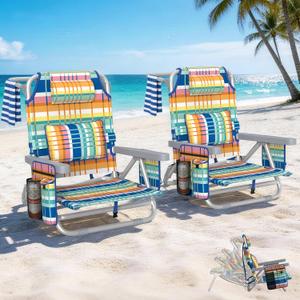 2 x 5-Position Backpack Beach Chair for Adults with Lumbar, Foldable Tall Heavy-Duty Beach Chairs with Cooler Bag,Cup Holder,Towel Rack for Beach, Camping, Outdoor
