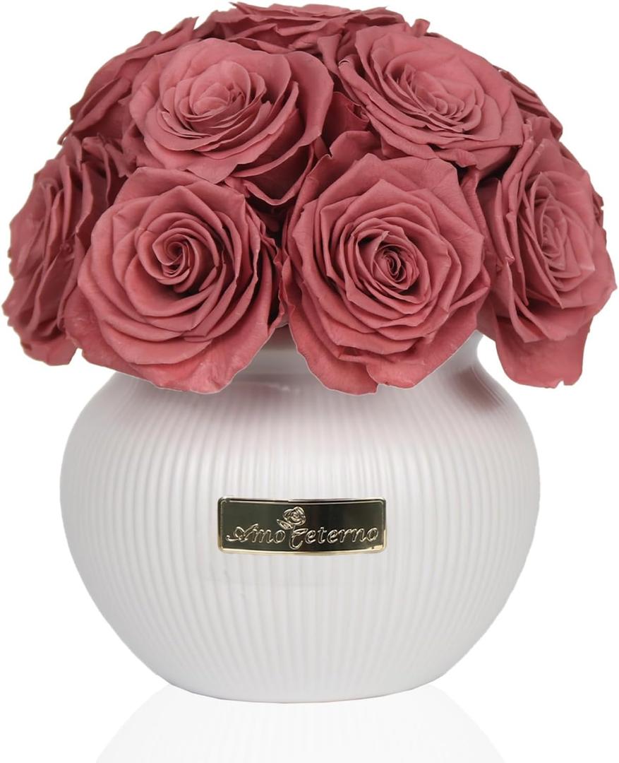 Preserved Roses,Weeding Flowers,Table Centerpiece Flowers,14Pcs Long Lasting Real Rose in Ceramic Vase,Table Flowers for Party,Wedding Decor,Birthday,Anniversary,Wedding Gifts for Her (Burnt Brown)